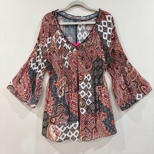 Boho Paisley V-Neck Tunic Top Bell Flare Sleeves Plus Size 1X